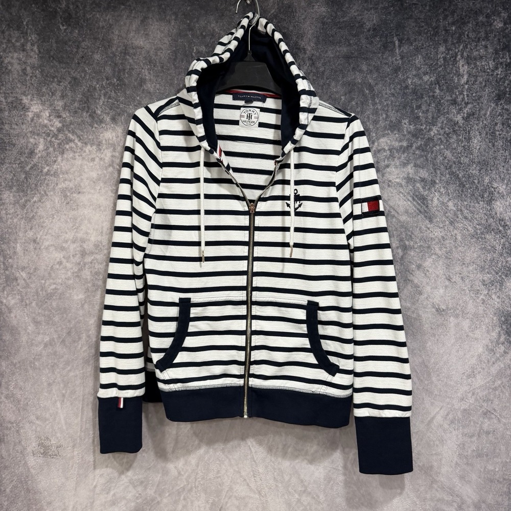 Tommy Hilfiger Men's M Navy White Stripe Full Zip Hoodie Anchor Logo Flag